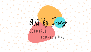 Art by Jacey (Colorful Expressions) Logo. Art by Jacey written in cursive with the words colorful expressions below in a simple capitalized font. The words are set against three colorful blobs, and the background is speckled with confetti.