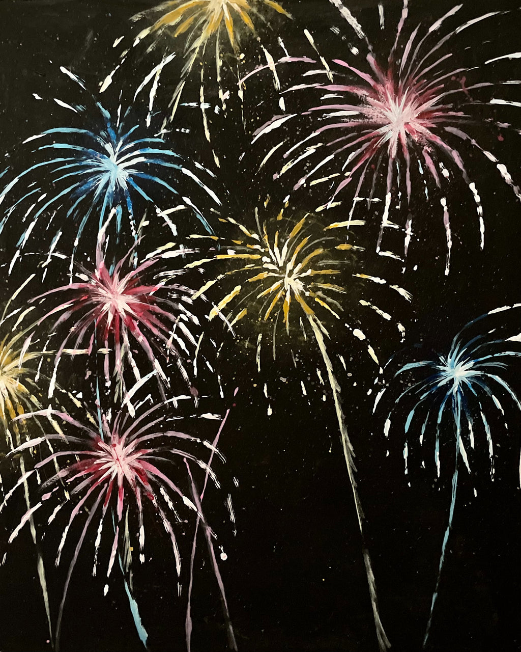 Fireworks painted onto a black background. Sparks break off from the brightly colored centers in blue, pink-red, and yellow bursts.